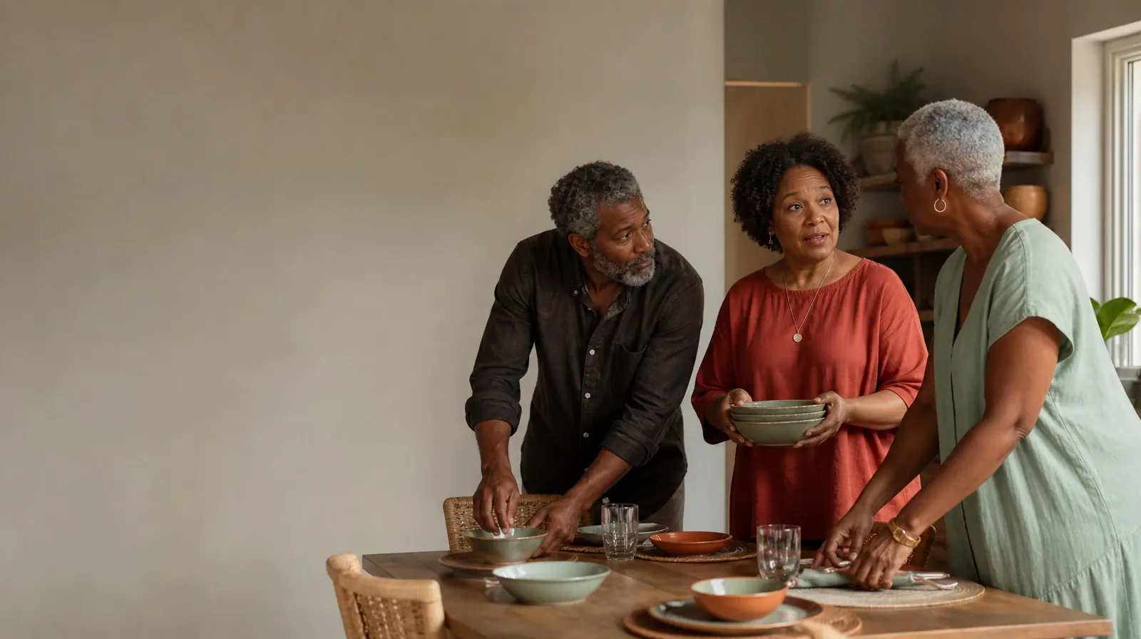 Supporting a Partner With Xanax Use in South Florida | Three adults pause while setting a plain table Three adults pause while setting a plain table · Supporting a Partner With Xanax Use in South Florida