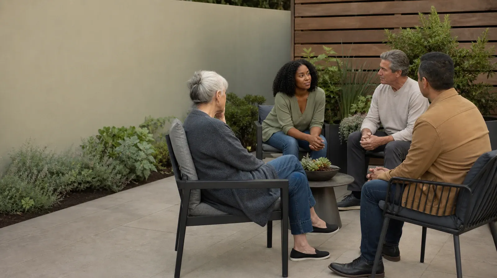 Four adults share a casual patio conversation · What to Tell a Clinician About Xanax Use in South Florida