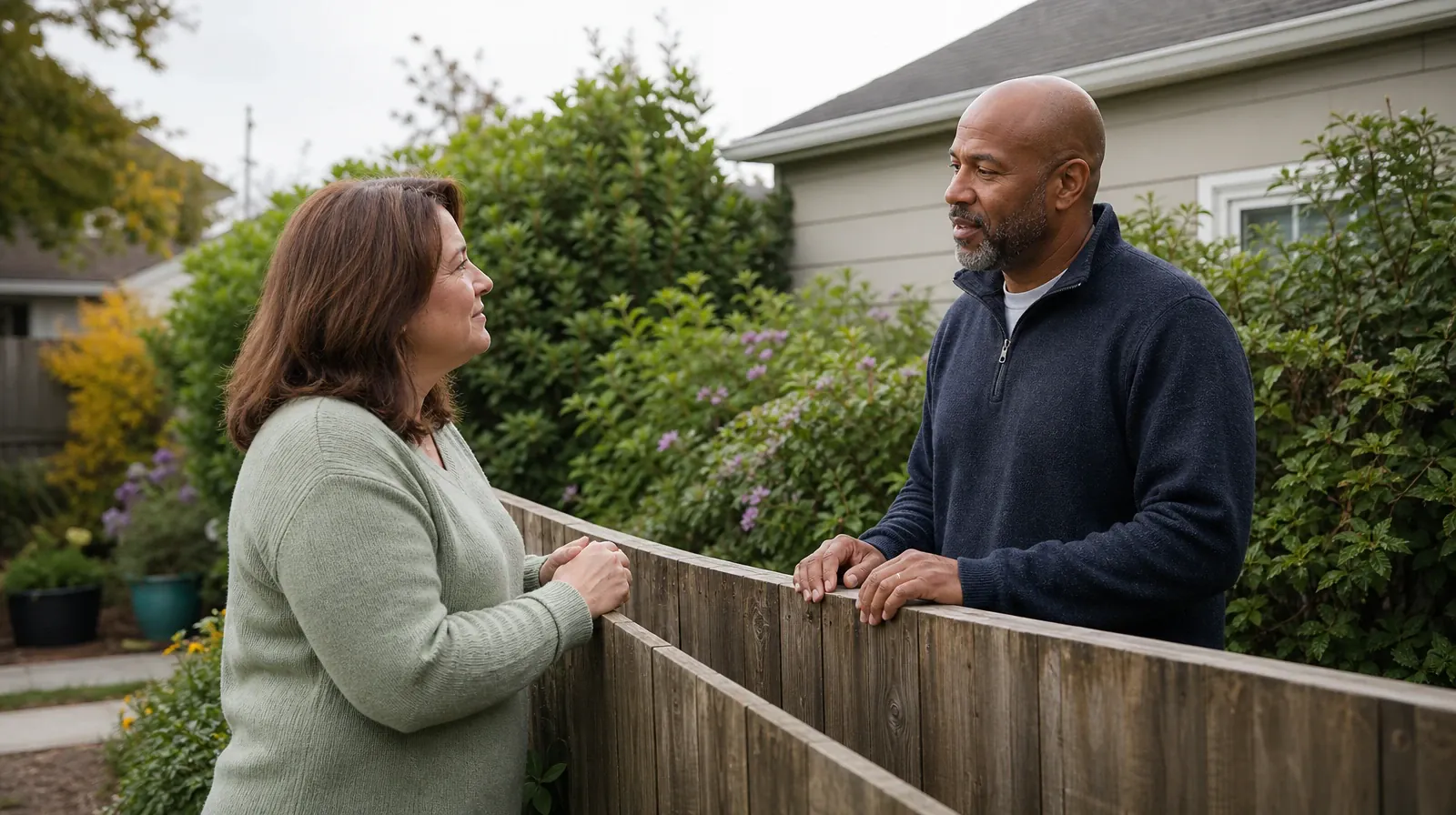 Xanax Addiction Treatment in Miramar, FL | Two adults face each other and talk from opposite sides of a low plain backyard… Two adults face each other and talk from opposite sides of a low plain backyard… · Xanax Addiction Treatment in Miramar, FL
