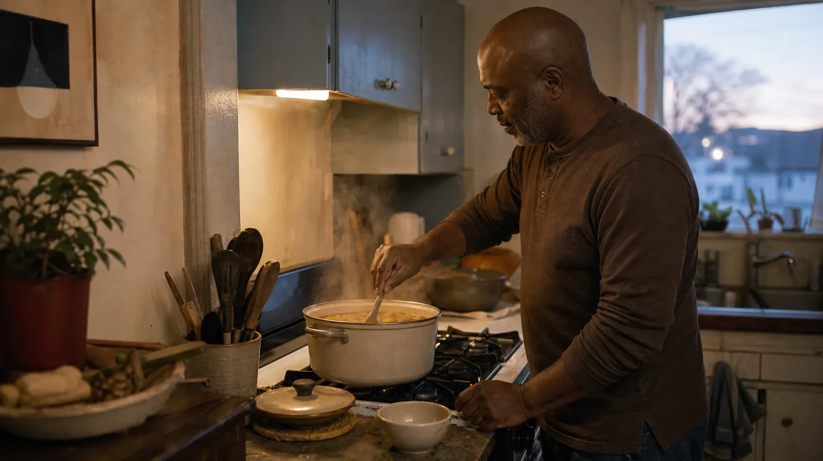 Adult stirs a pot of vegetable soup beside a plain bowl in a… · Daily Routines and 12-step facilitation in South Florida