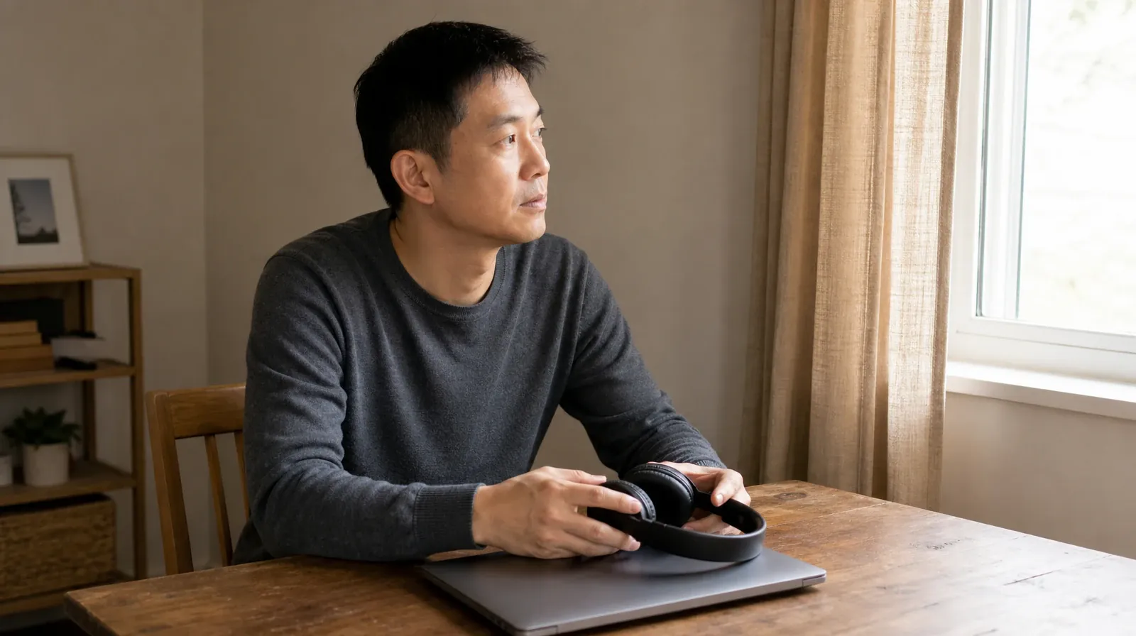 Individual and Group 12-Step Facilitation Formats | Adult removes headphones beside a closed laptop in a small home workspace Adult removes headphones beside a closed laptop in a small home workspace · Individual and Group 12-Step Facilitation Formats