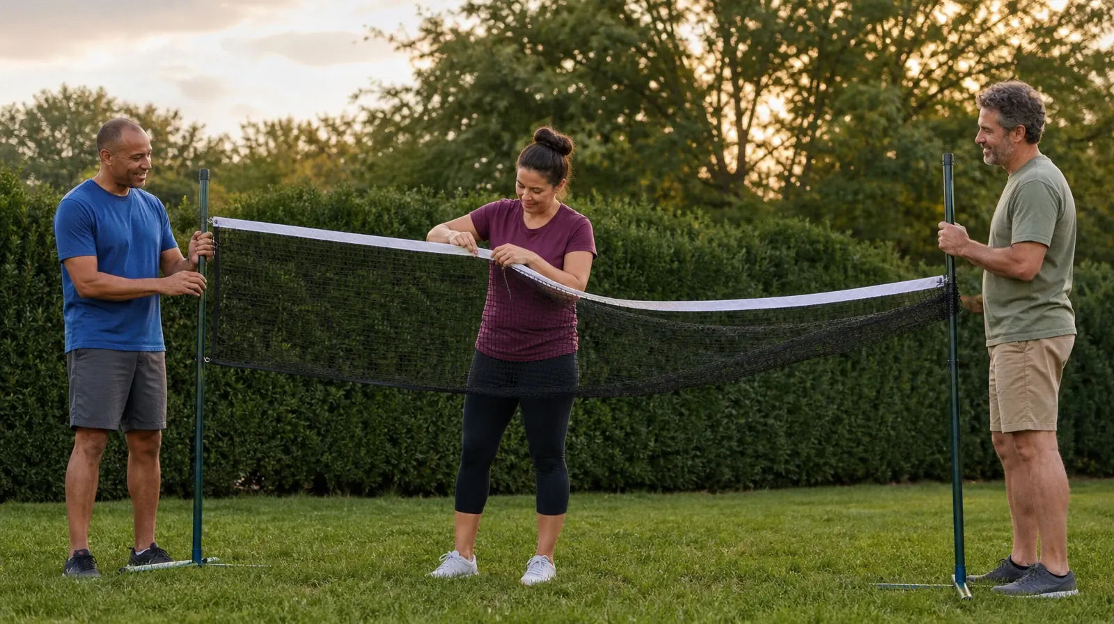 Medication Questions With 12-Step Facilitation | Three adults work together to unfold a badminton net on a level grassy lawn Three adults work together to unfold a badminton net on a level grassy lawn · Medication Questions With 12-Step Facilitation