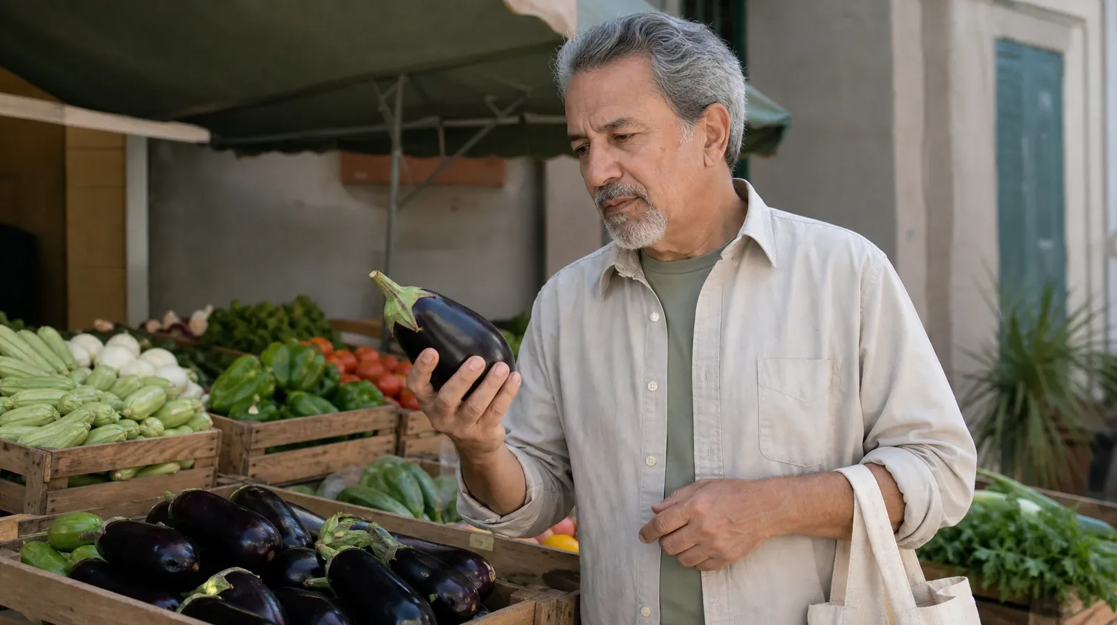 Practicing Between 12-Step Facilitation Sessions | Adult examines an aubergine above a wooden produce crate at an unlabeled… Adult examines an aubergine above a wooden produce crate at an unlabeled… · Practicing Between 12-Step Facilitation Sessions