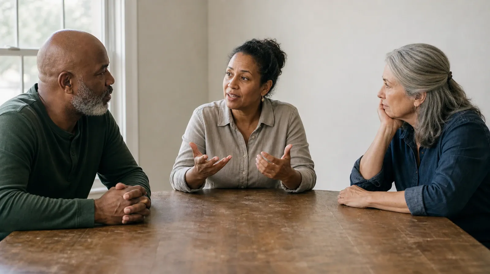 Three adults sit beside a long plain table, with two… · 12-step facilitation for Addiction Treatment in Miramar, FL