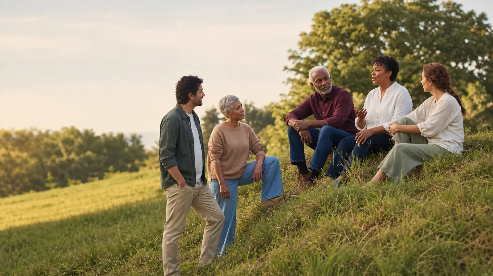 Individual and Group Formats for ACT | Four adults converse on a gentle grassy bank, with two standing and two seated… Four adults converse on a gentle grassy bank, with two standing and two seated… · Individual and Group Formats for ACT