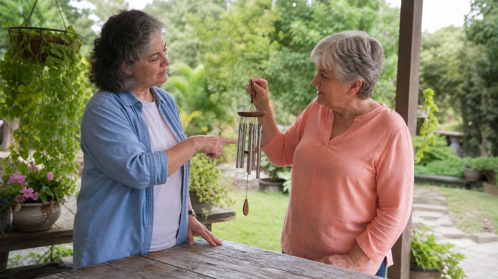 Two adults discuss a wind chime above an outdoor table,… · After Residential Care and Aftercare planning in South Florida