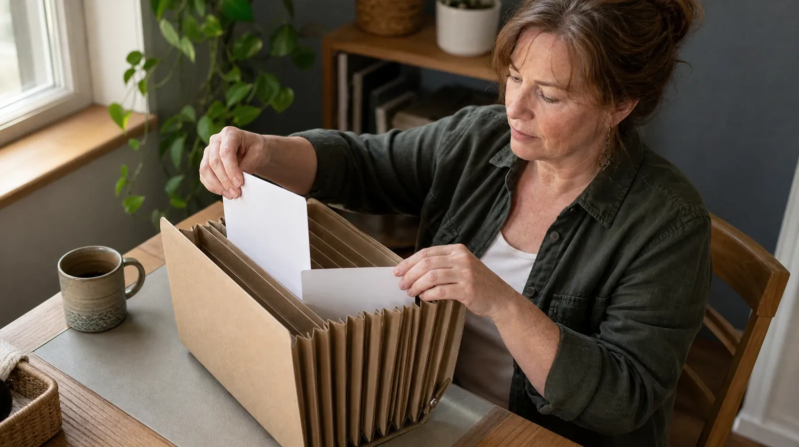 Your First Conversation About Aftercare Planning | Adult places blank divider cards into a plain accordion folder on a… Adult places blank divider cards into a plain accordion folder on a… · Your First Conversation About Aftercare Planning