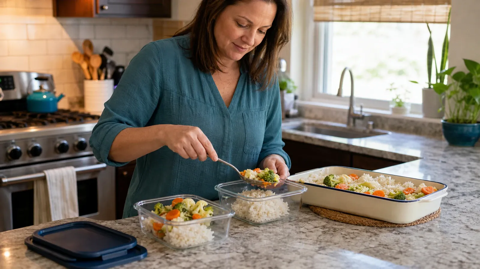 Adult portions cooked rice and vegetables into two plain reusable… · Preferences and Accessibility in Aftercare Planning