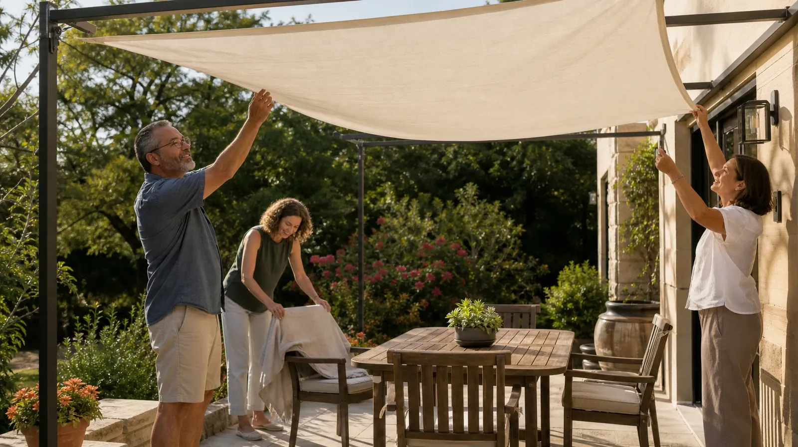 Qualified Practitioner Questions for Aftercare | Three adults gently unfurl a cloth sunshade over a plain household patio Three adults gently unfurl a cloth sunshade over a plain household patio · Qualified Practitioner Questions for Aftercare