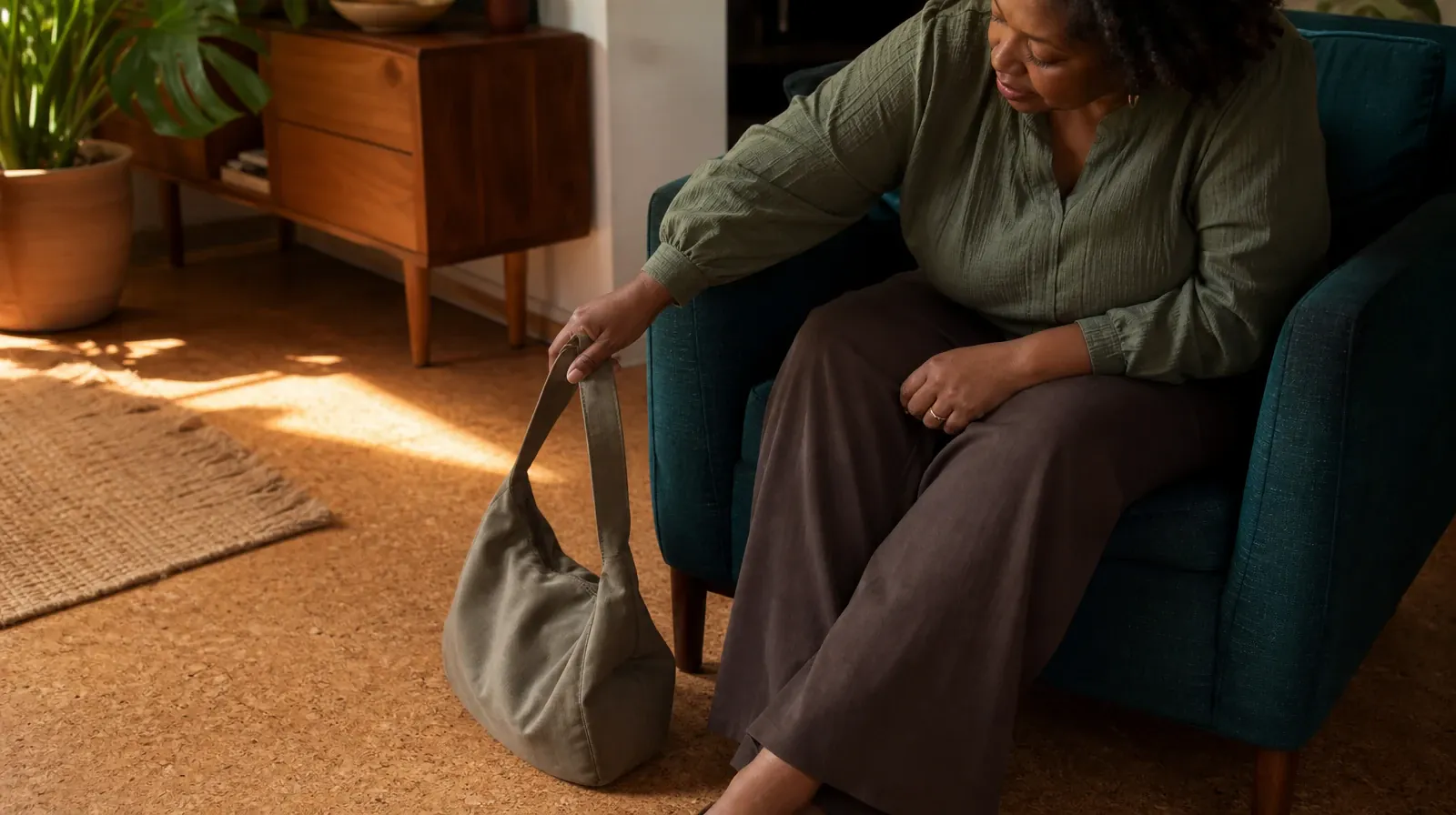 Reviewing Progress With Aftercare planning in South Florida | An adult lowers a plain shoulder bag beside a teal armchair… An adult lowers a plain shoulder bag beside a teal armchair… · Reviewing Progress With Aftercare planning in South Florida