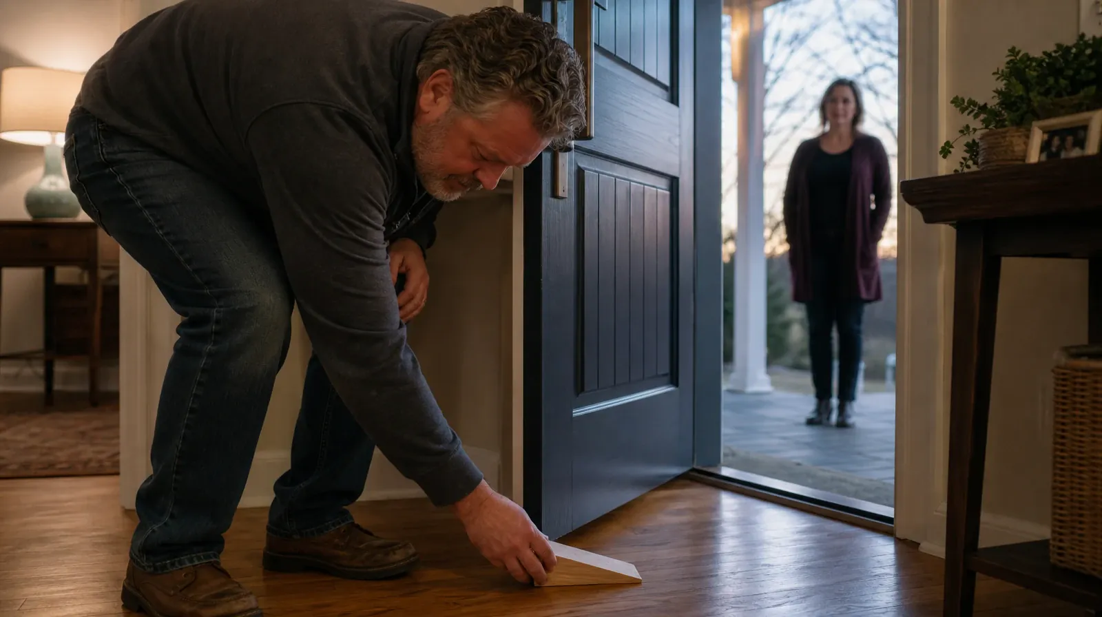 An adult places a wooden doorstop while another adult waits beyond the… · Daily Routines and Art therapy in South Florida