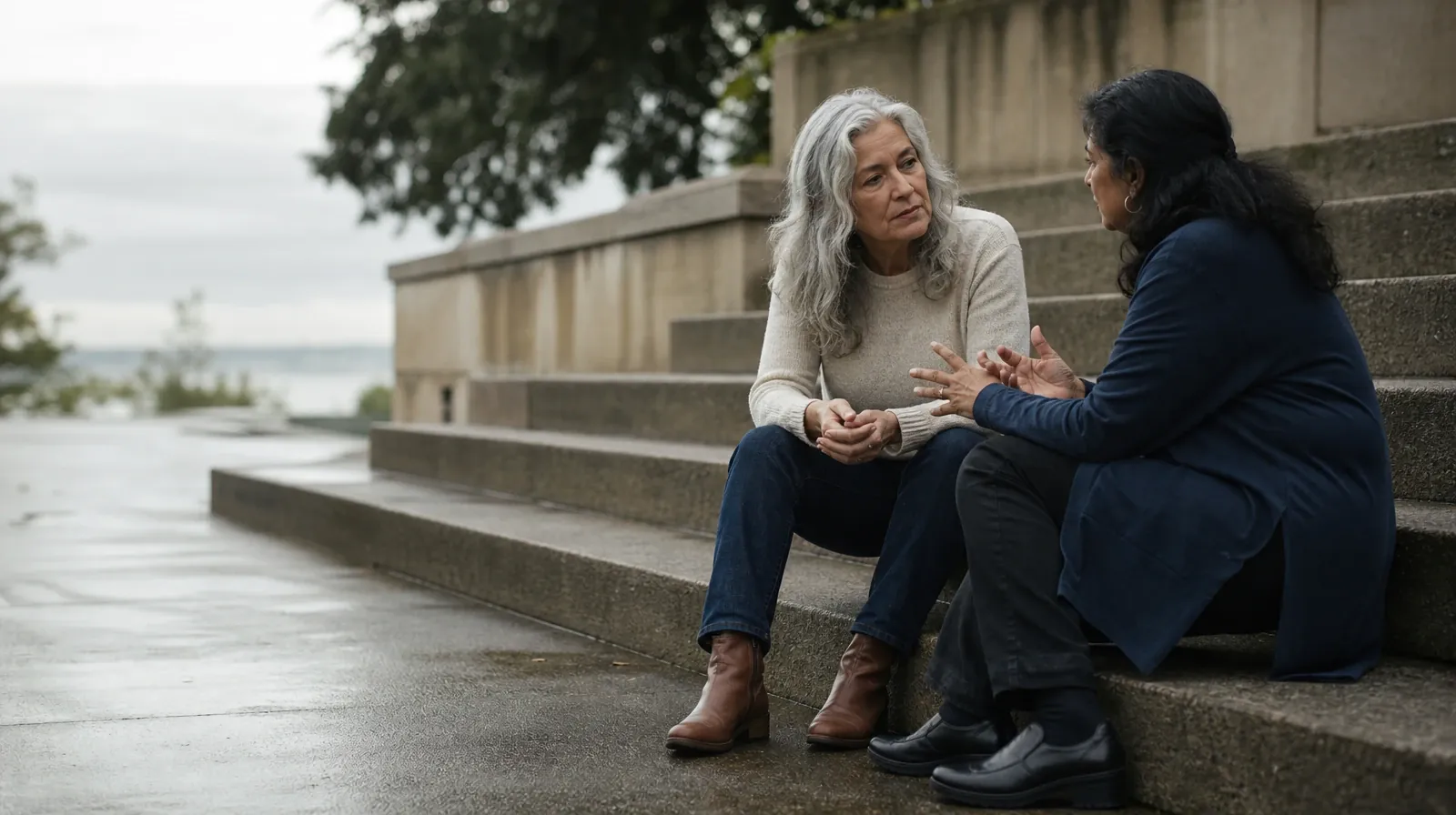 Two adults talk while seated on broad steps · Family Involvement and Art therapy in South Florida