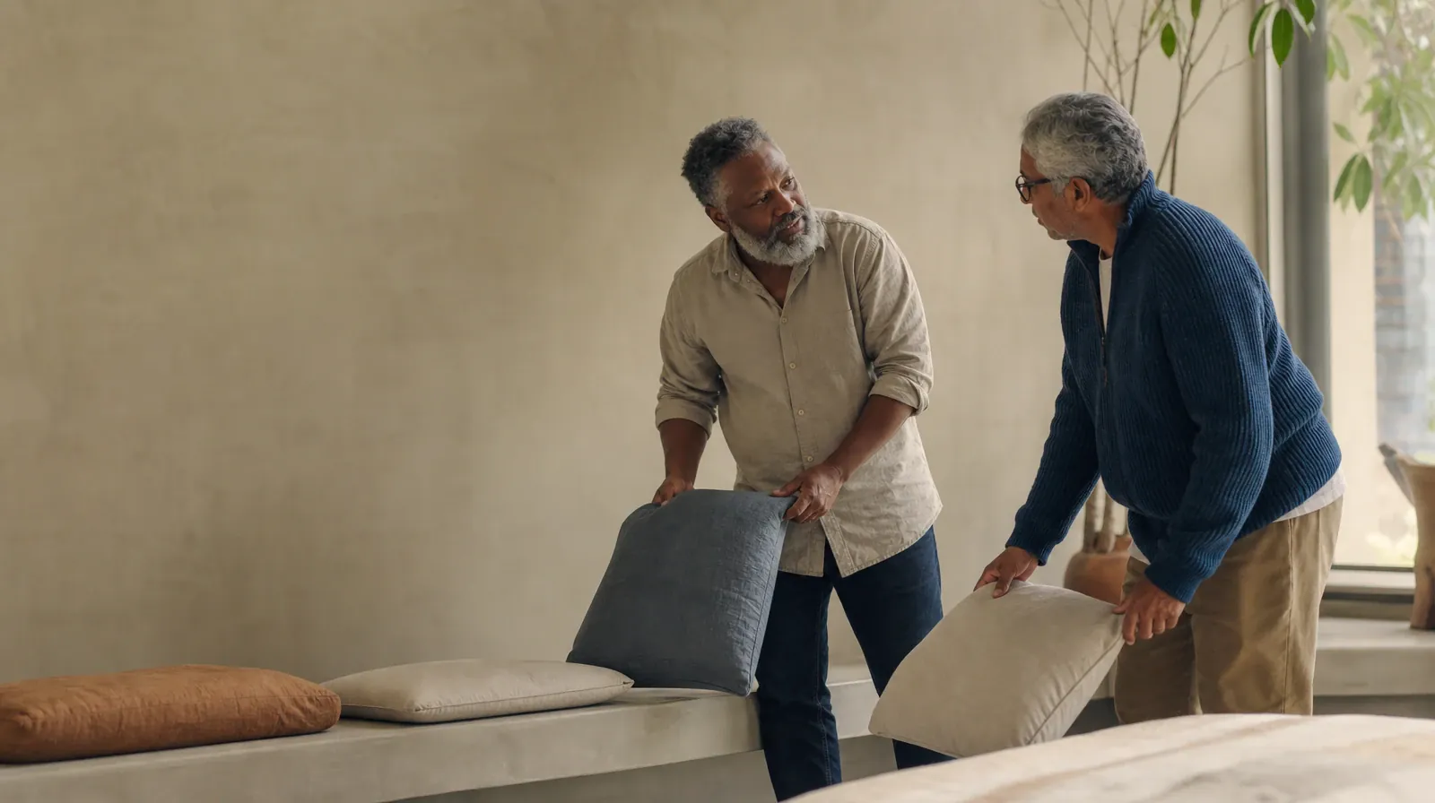 Preparing for a First Art Therapy Conversation | Two adults pause while arranging cushions on a bench Two adults pause while arranging cushions on a bench · Preparing for a First Art Therapy Conversation