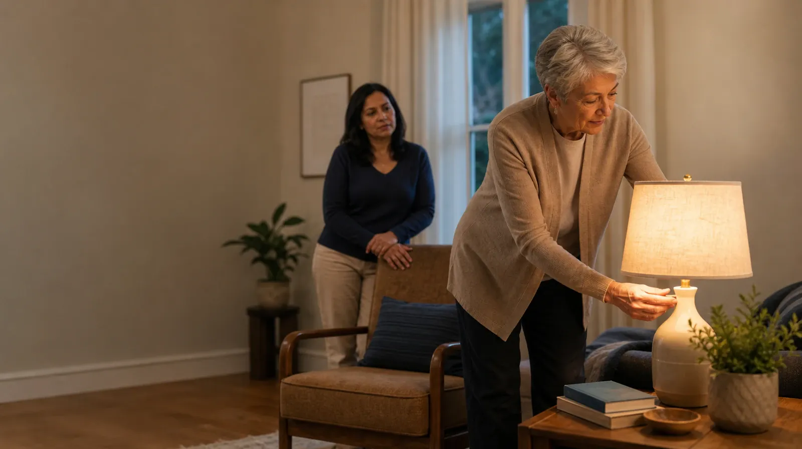 An adult adjusts a lamp while another waits nearby · Preferences and Accessibility in Art therapy in South Florida