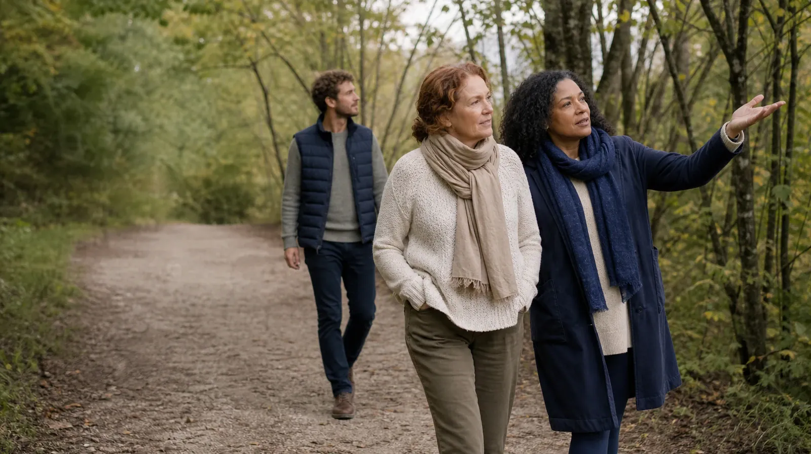 Reviewing Progress With Art therapy in South Florida | Three adults walk and talk on a wooded path Three adults walk and talk on a wooded path · Reviewing Progress With Art therapy in South Florida