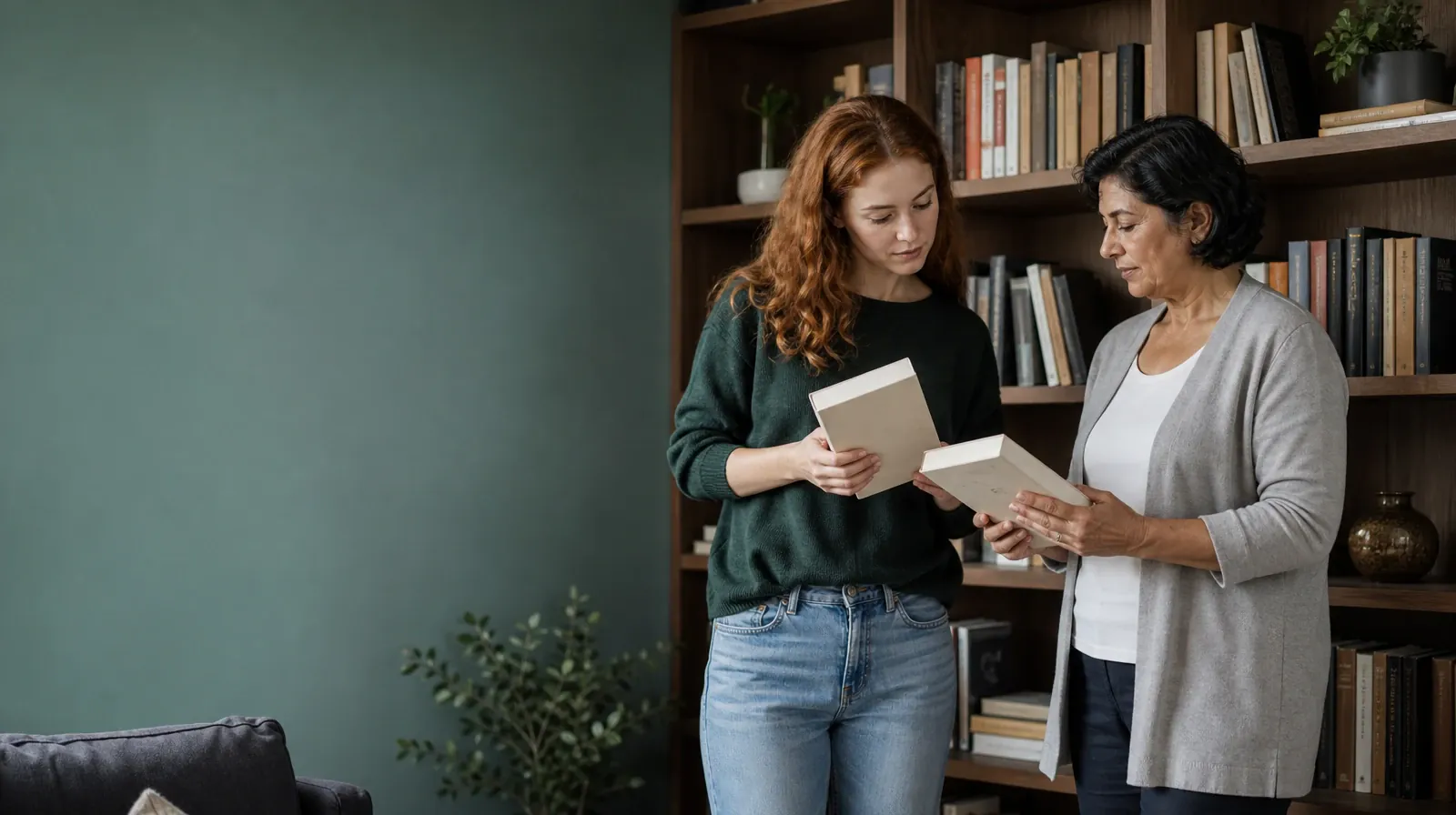 Two adults compare plain books beside a bookshelf · Daily Routines and Behavioral couples therapy in South Florida