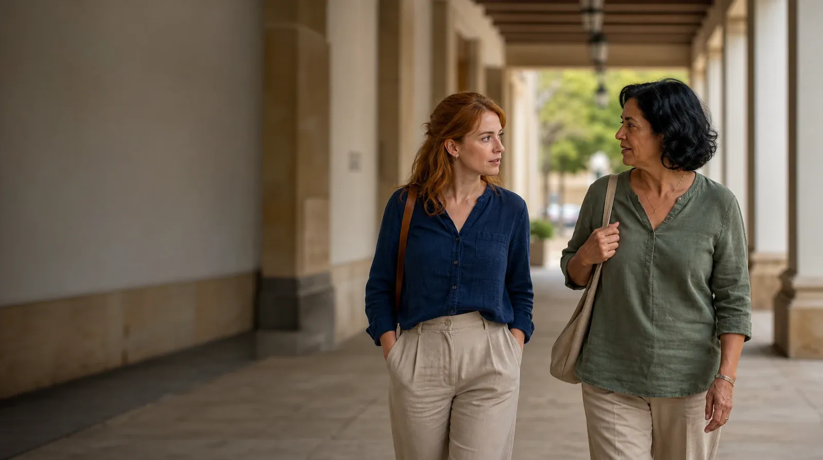 Two adults walk and talk beneath a covered arcade · Family Involvement in Behavioral Couples Therapy