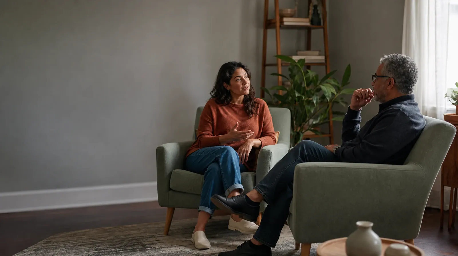 Individual and Group Behavioral Couples Therapy | Two adults talk from separate armchairs Two adults talk from separate armchairs · Individual and Group Behavioral Couples Therapy