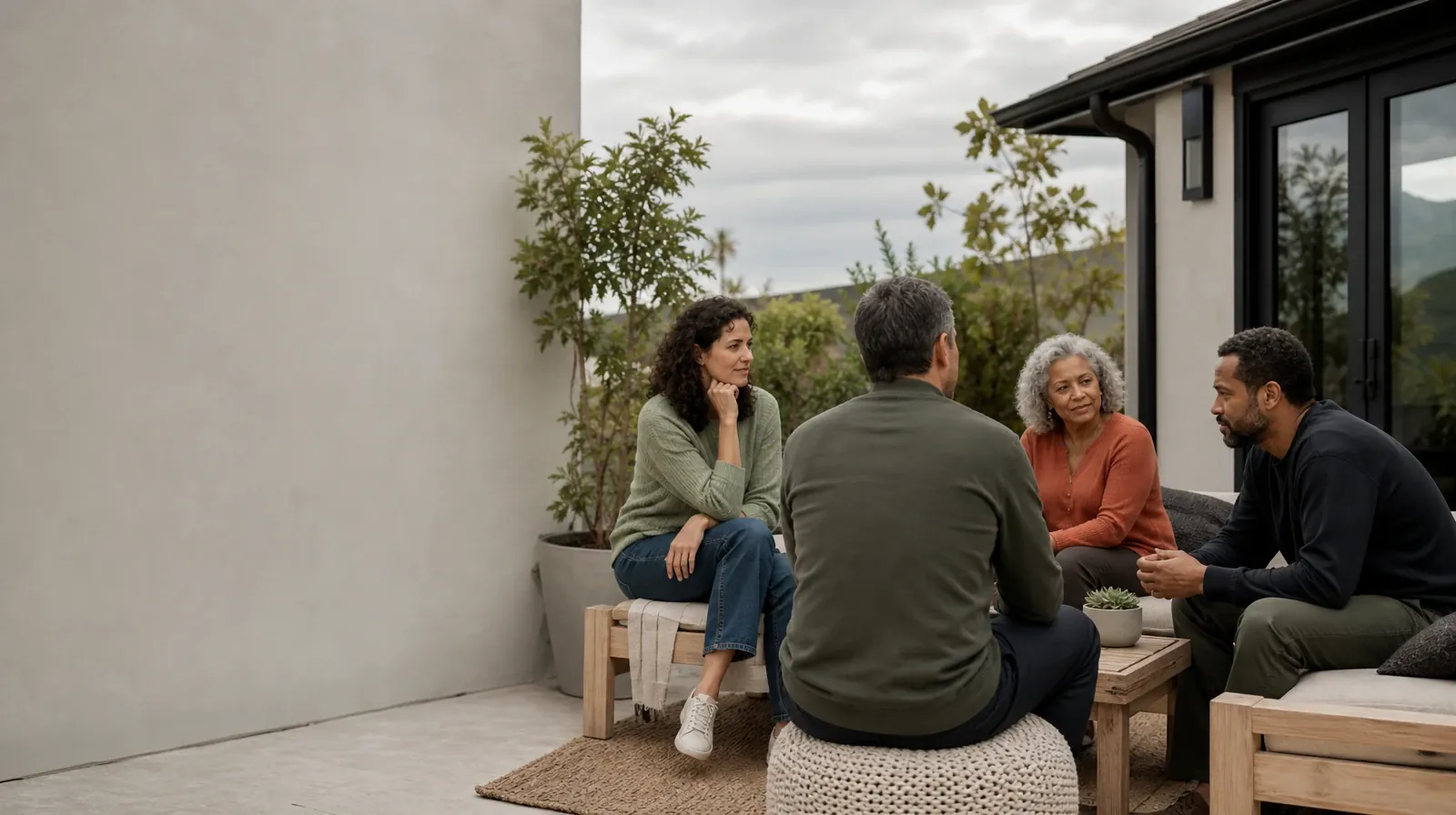 Medication Questions and Behavioral Couples Therapy | Four adults share a casual patio conversation Four adults share a casual patio conversation · Medication Questions and Behavioral Couples Therapy