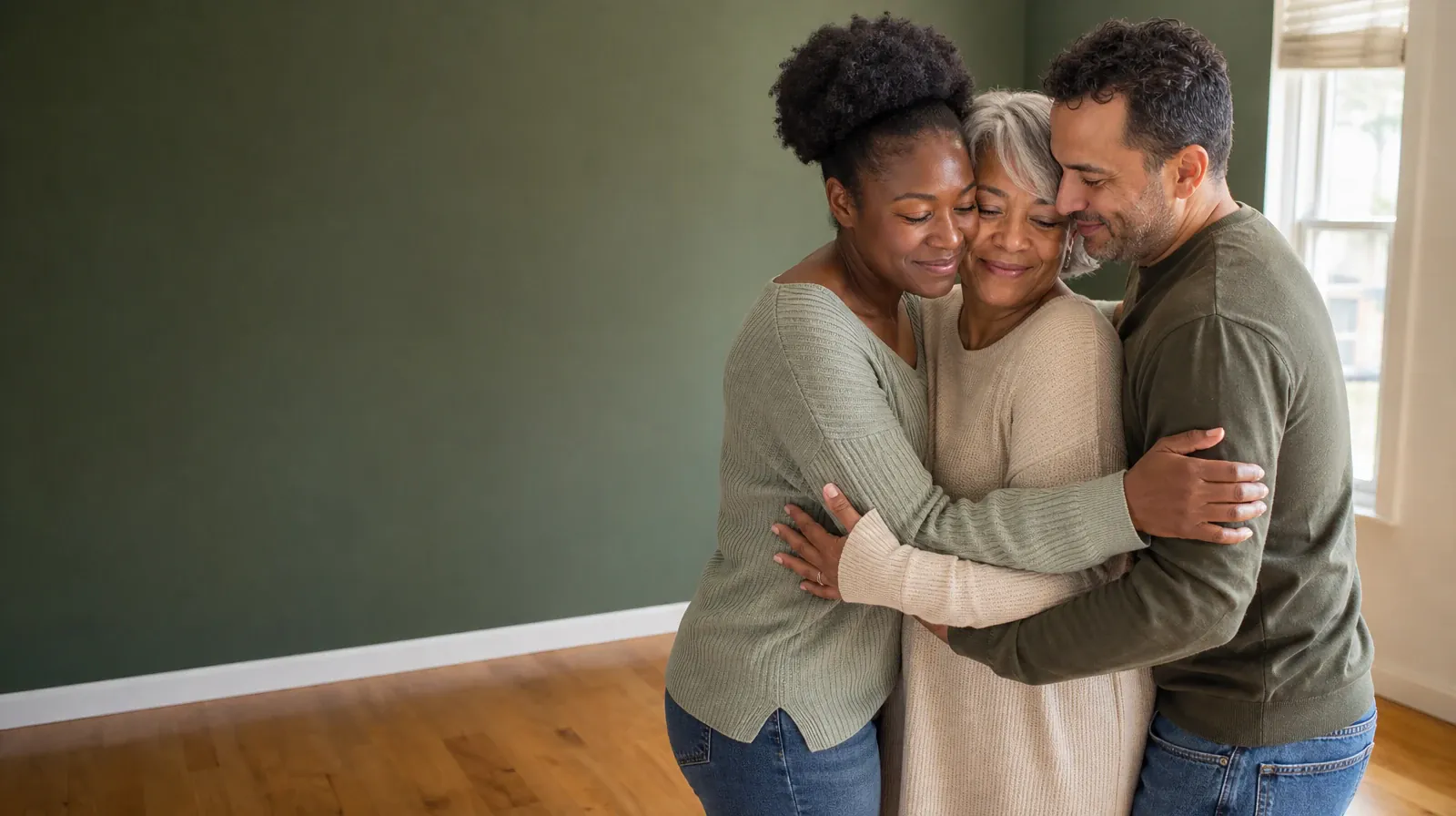 Three adults share a brief embrace in a quiet home dining space · Family Involvement and Cognitive behavioral therapy