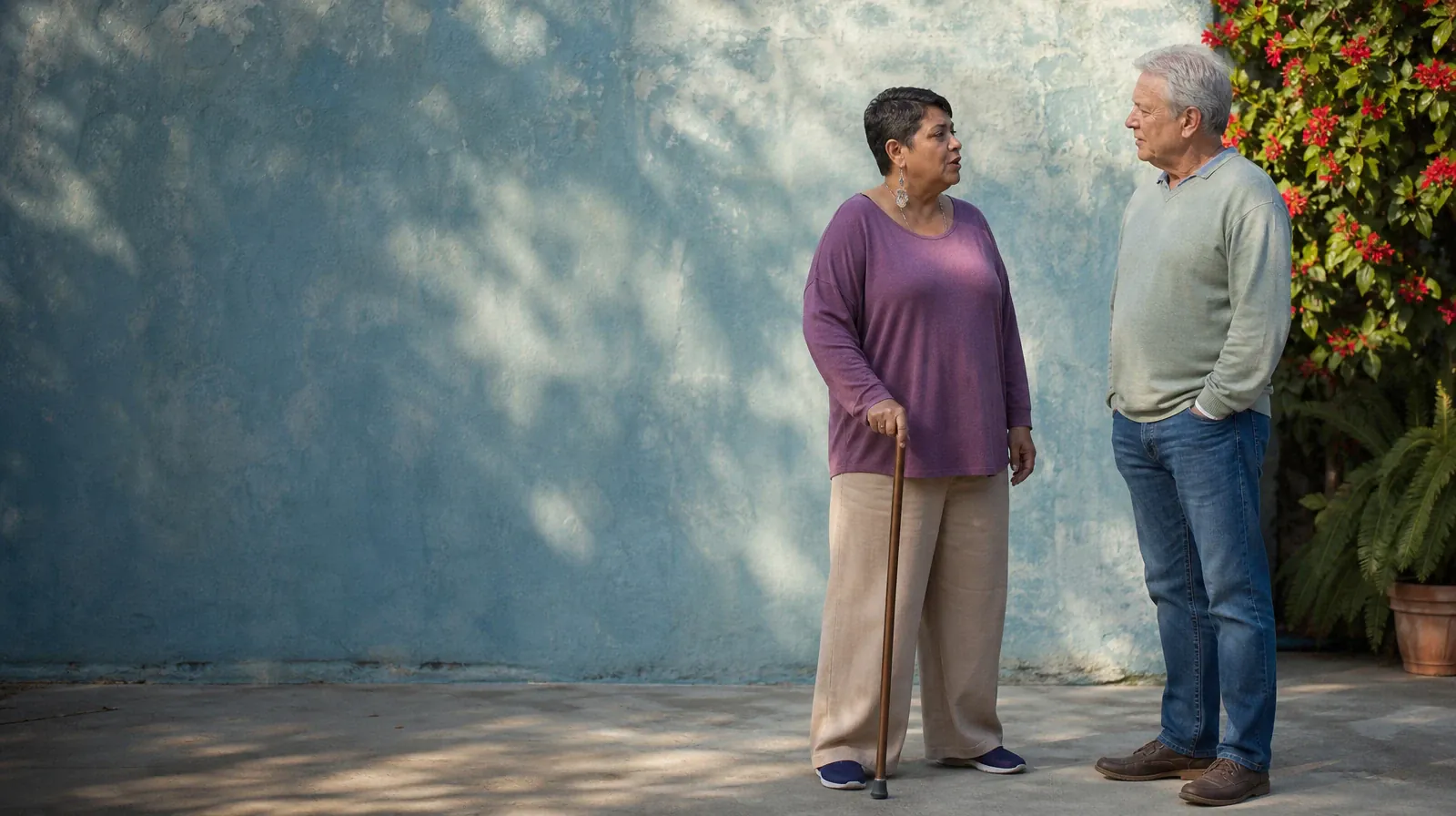 An adult using a cane speaks with a friend beside a blue garden wall · CBT Preferences and Accessibility