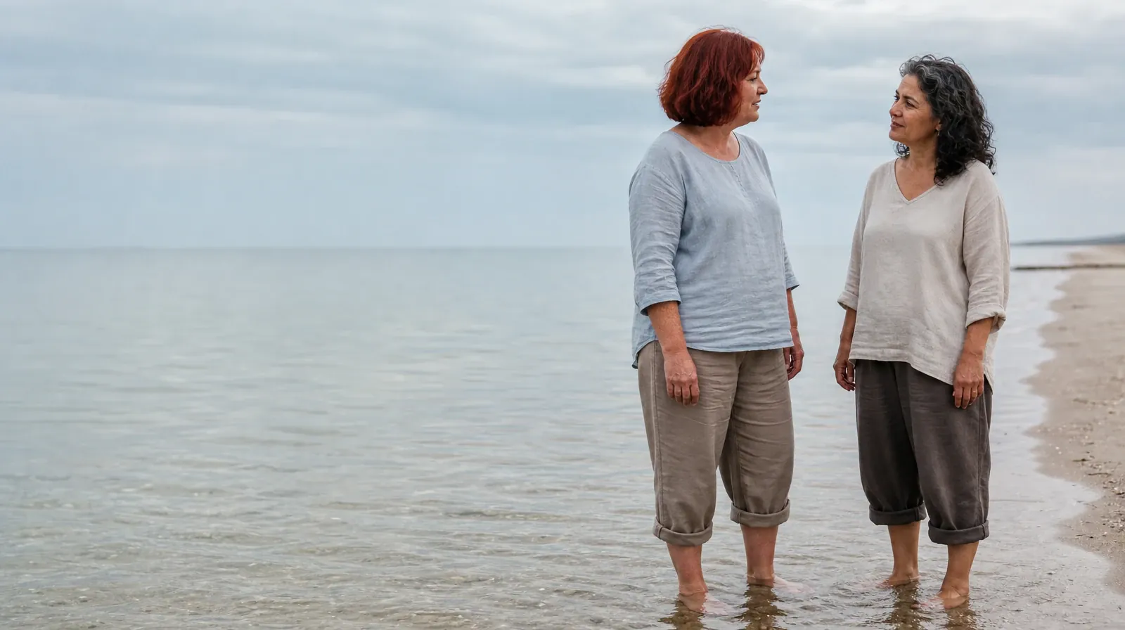 Reviewing Progress With Cognitive behavioral therapy | Two fully clothed adults talk quietly with shallow shoreline water… Two fully clothed adults talk quietly with shallow shoreline water… · Reviewing Progress With Cognitive behavioral therapy