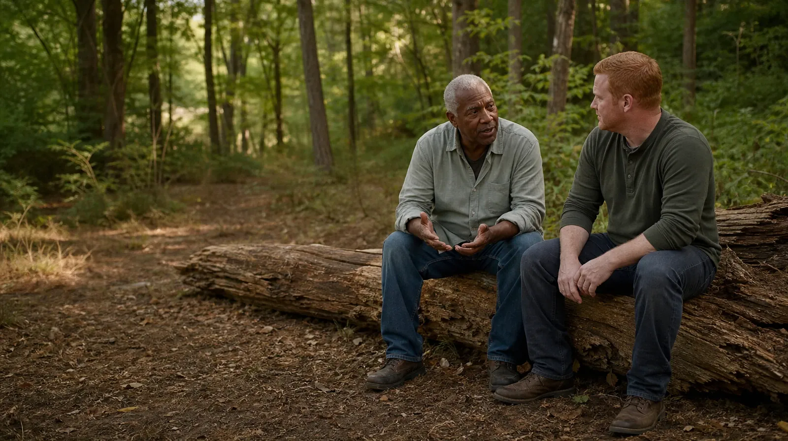 Two adults sit on a broad fallen log, with one leaning forward as the… · Understanding Goals in Cognitive behavioral therapy
