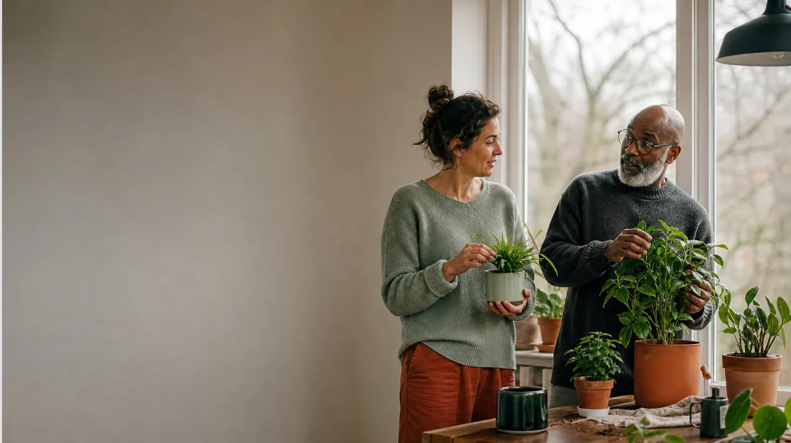 Daily Routines and Communication skills in South Florida | Two adults tend houseplants and talk Two adults tend houseplants and talk · Daily Routines and Communication skills in South Florida