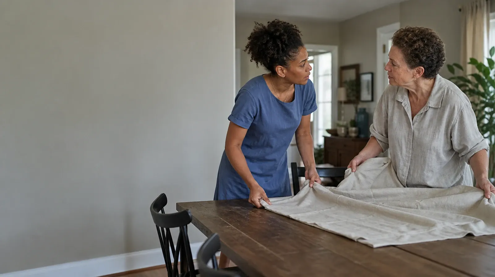 Two adults fold a plain cloth together · Medication Questions and Communication Skills