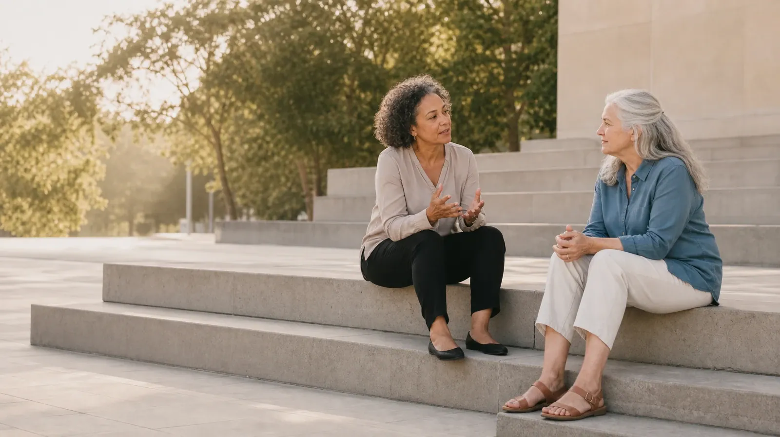 Two adults talk while seated on broad steps · Communication Preferences and Accessibility