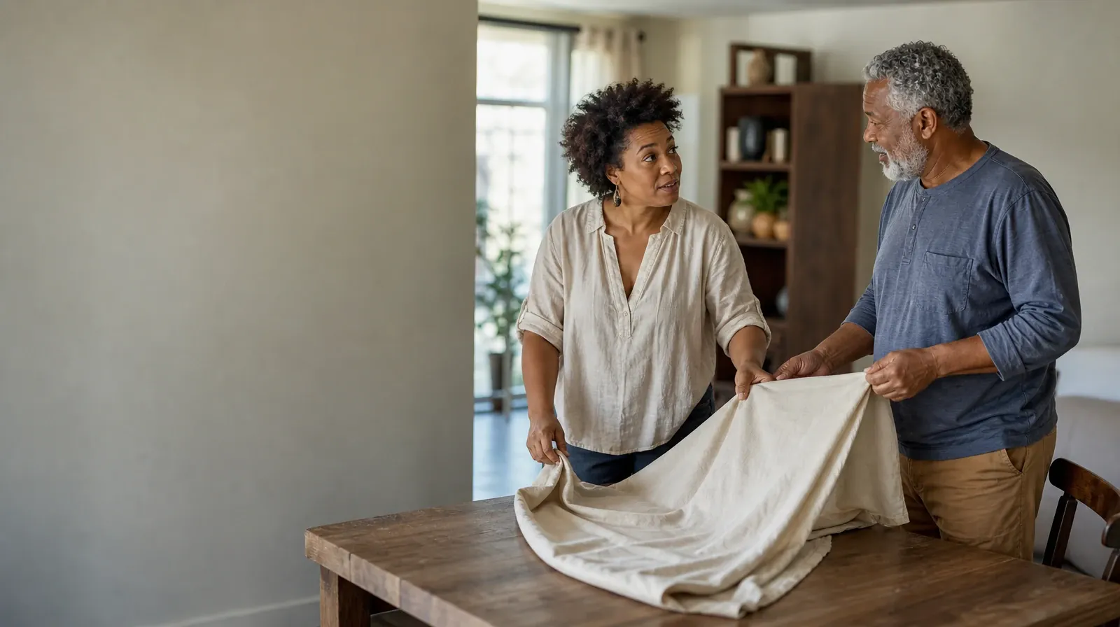 Two adults fold a plain cloth together · Previous Experience With Communication skills in South Florida