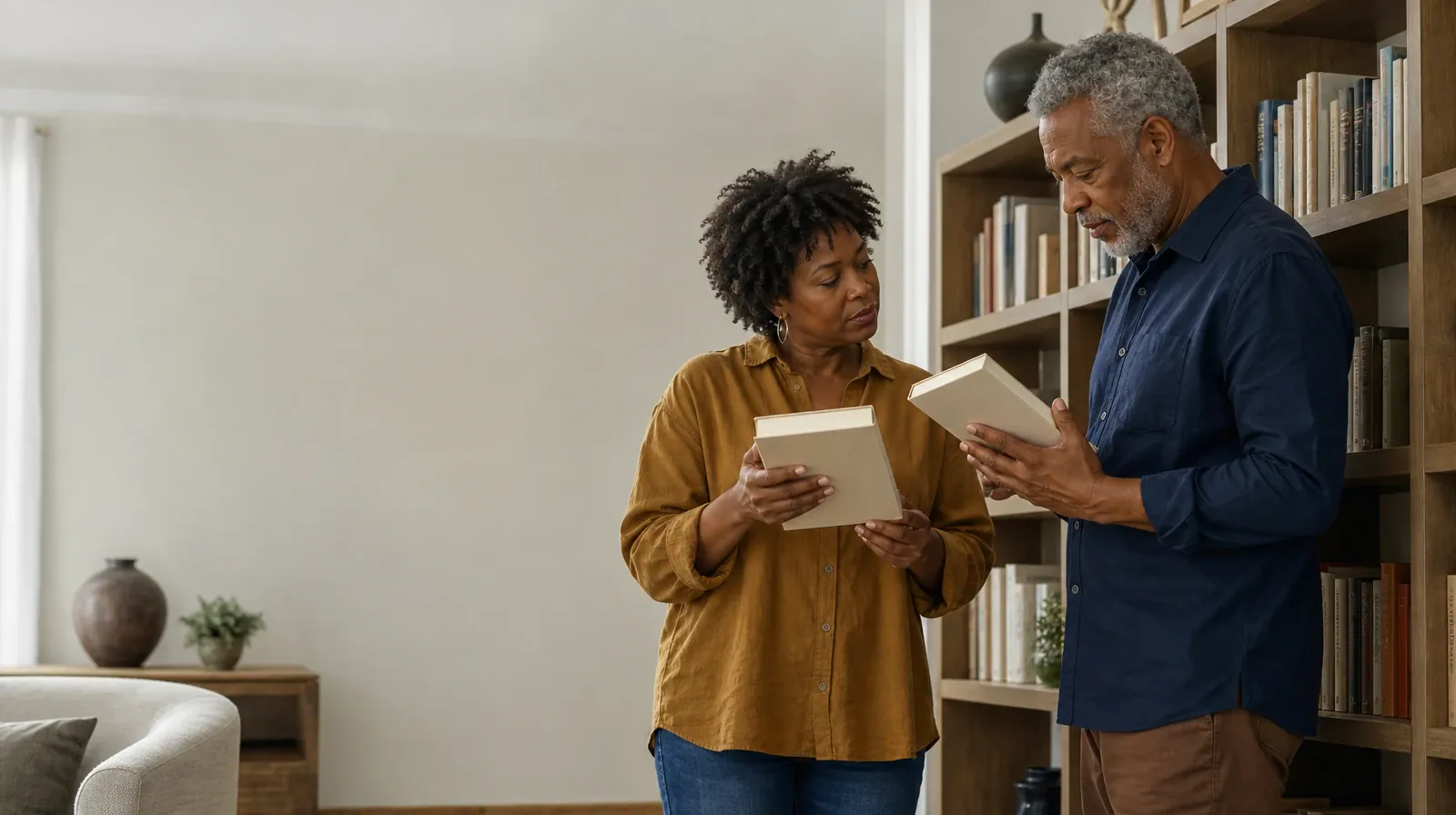 Reviewing Progress With Communication skills in South Florida | Two adults compare plain books beside a bookshelf Two adults compare plain books beside a bookshelf · Reviewing Progress With Communication skills in South Florida