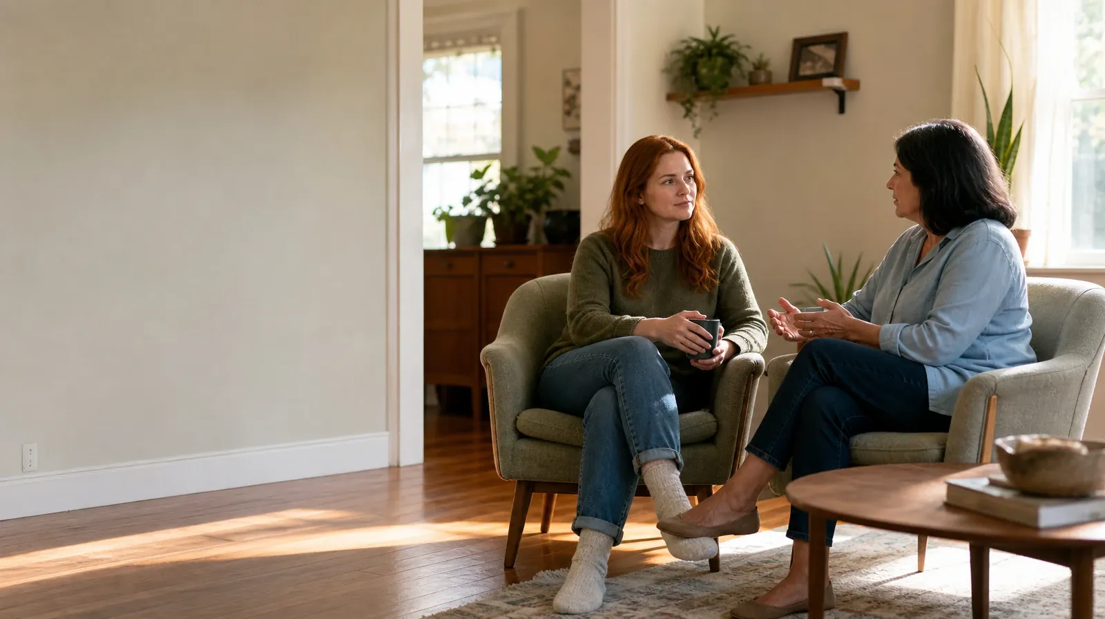 After Residential Care and Community Reinforcement | Two adults talk from separate armchairs Two adults talk from separate armchairs · After Residential Care and Community Reinforcement