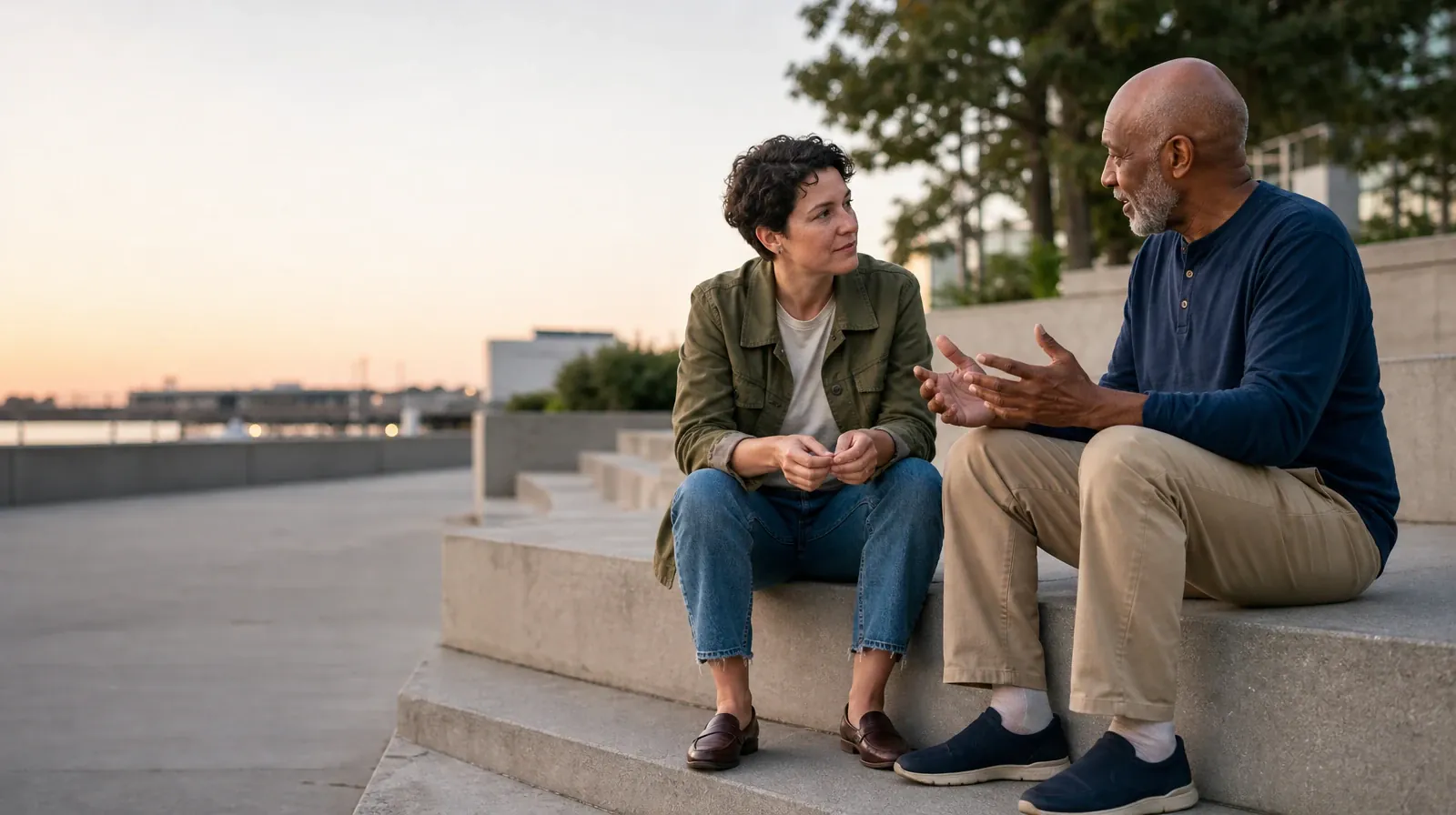 Two adults talk while seated on broad steps · Individual and Group Community Reinforcement