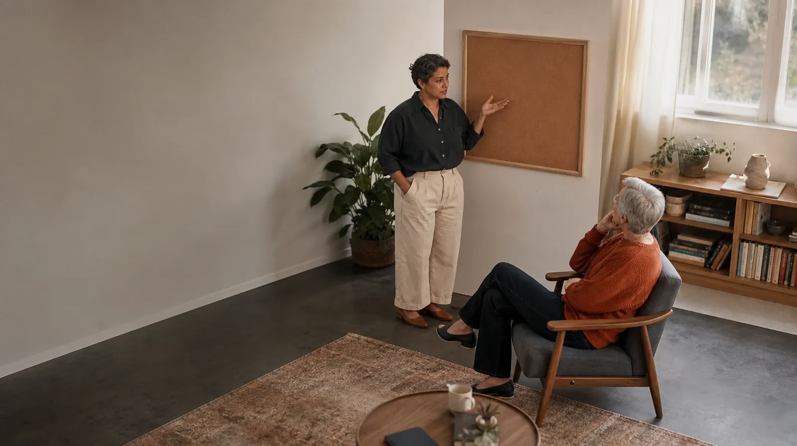 An adult talks beside a blank corkboard · Previous Experience With Community reinforcement in South Florida