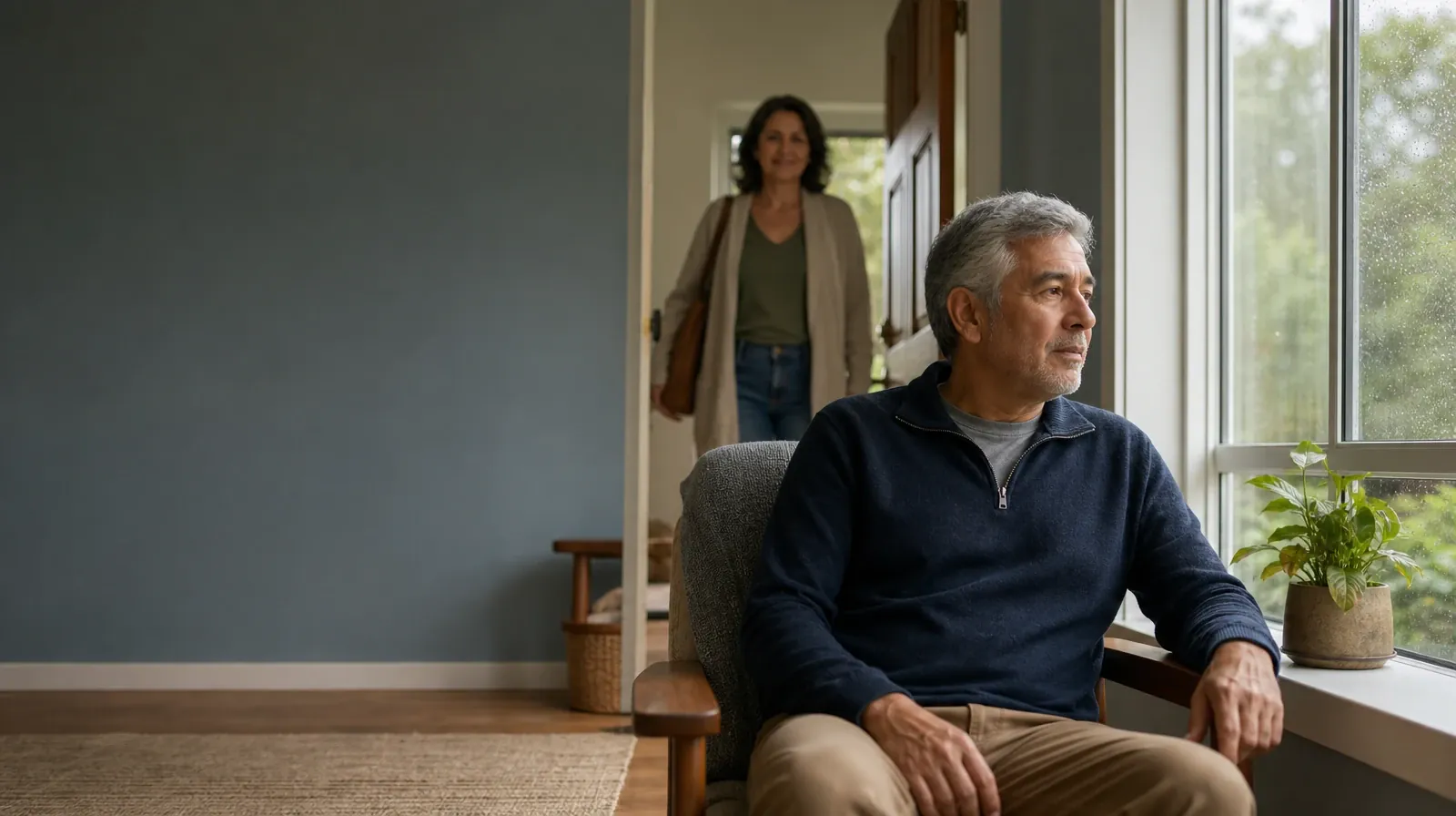 One adult sits near a window as another enters · Privacy and Consent in Community reinforcement in South Florida