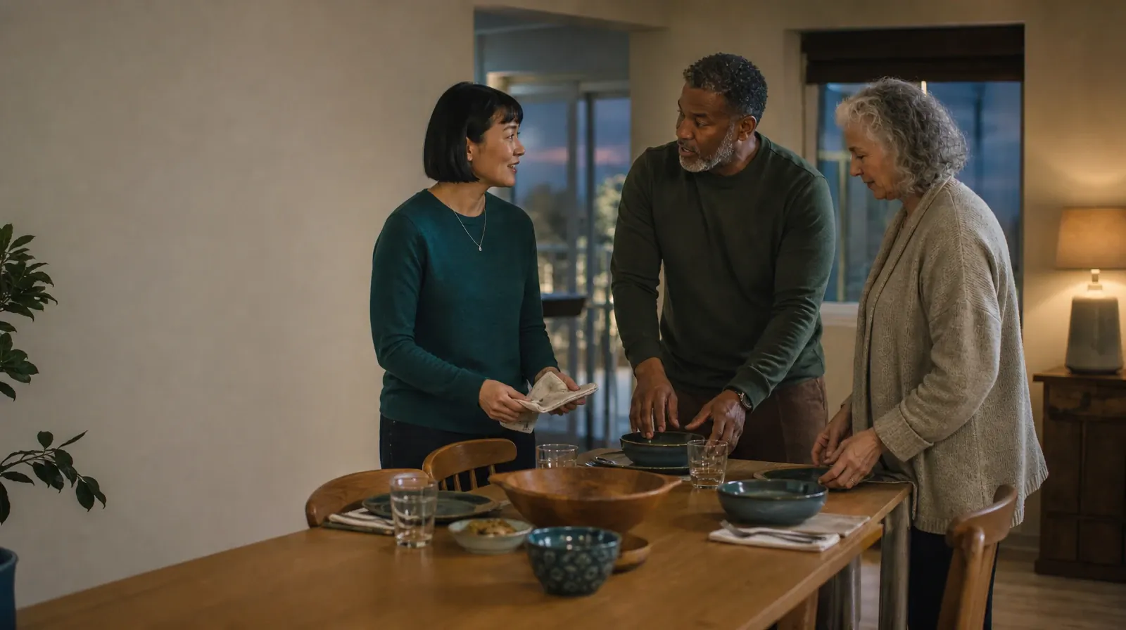 Understanding Goals in Community reinforcement in South Florida | Three adults pause while setting a plain table Three adults pause while setting a plain table · Understanding Goals in Community reinforcement in South Florida
