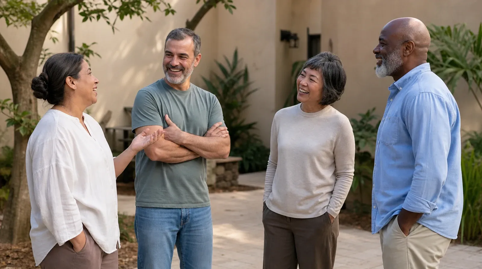 Four adults stand in a shaded courtyard and share a small,… · Community reinforcement for Addiction Treatment in Miramar, FL