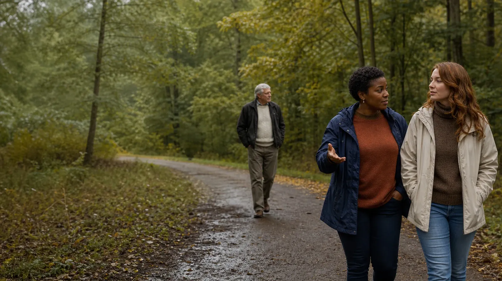 Your First Conversation About Contingency Management | Three adults walk and talk on a wooded path Three adults walk and talk on a wooded path · Your First Conversation About Contingency Management