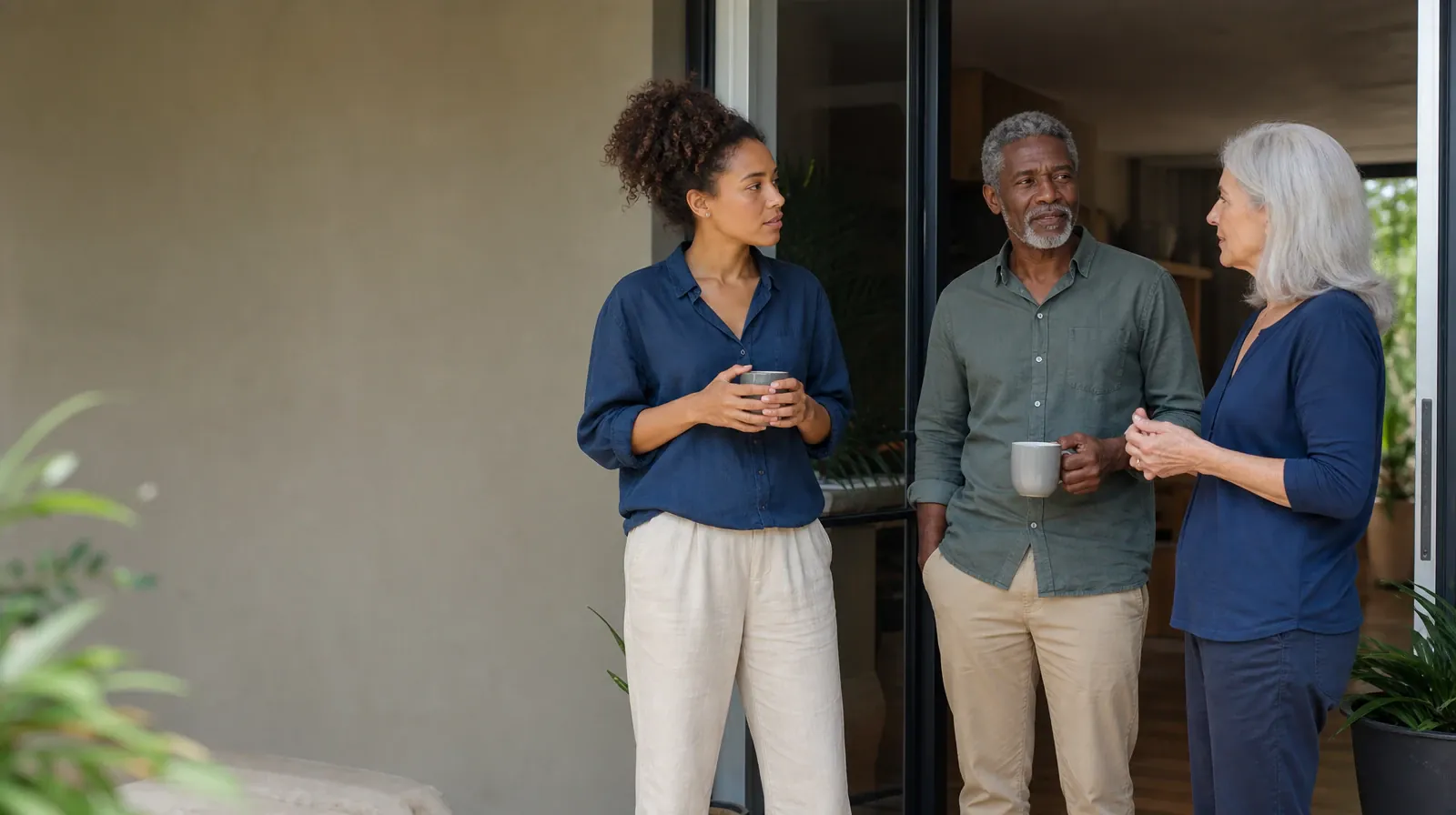 Three adults talk near an open home doorway · Reviewing Progress With Contingency management in South Florida