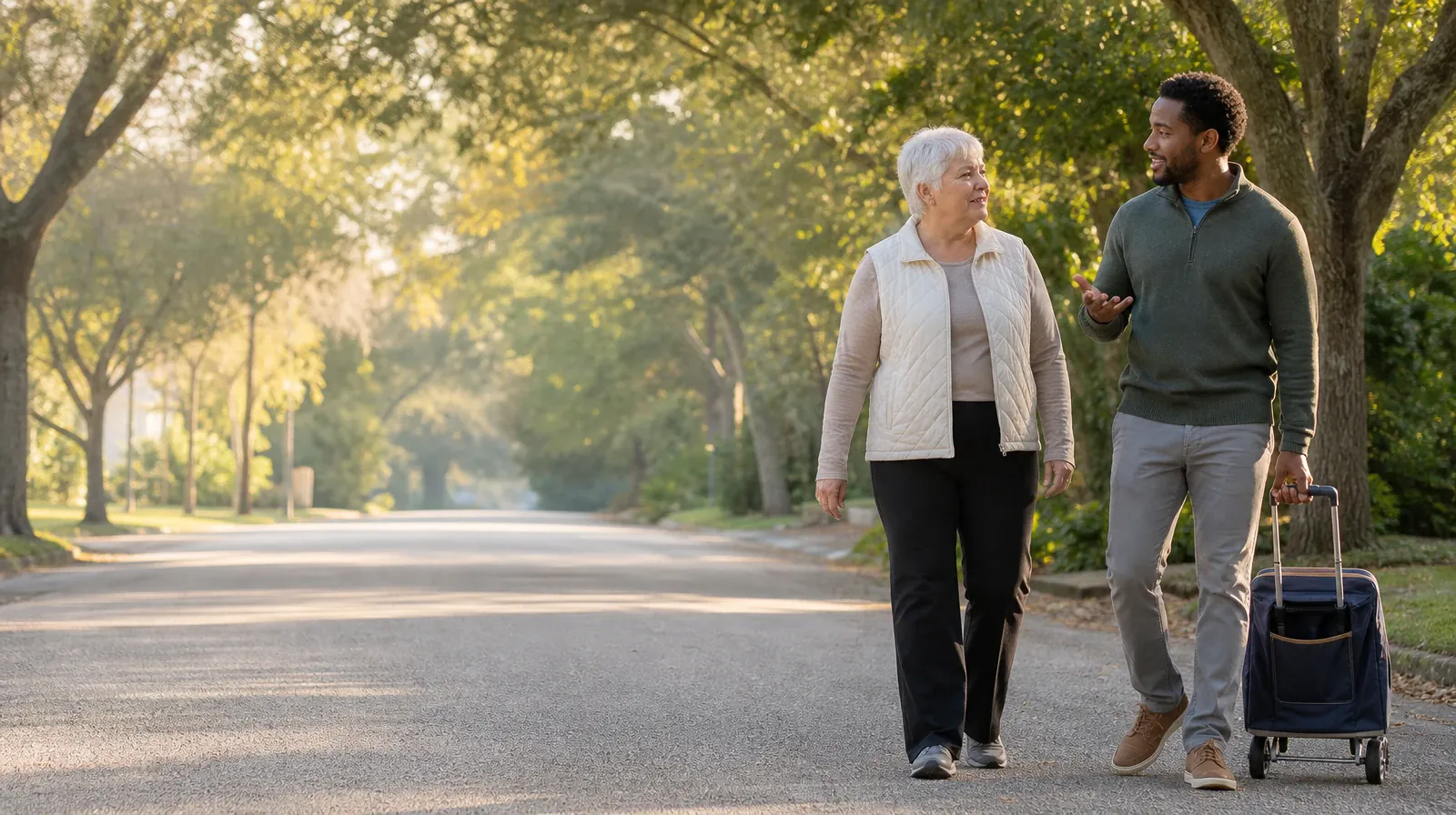 Two adults talk while walking with a small covered… · Daily Routines and Dialectical behavior therapy in South Florida