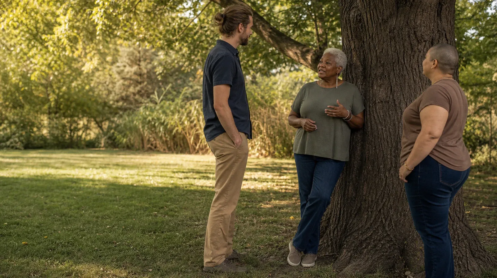 Individual and Group Formats for Dialectical Behavior Therapy | Three adults talk informally around a broad backyard tree Three adults talk informally around a broad backyard tree · Individual and Group Formats for Dialectical Behavior Therapy