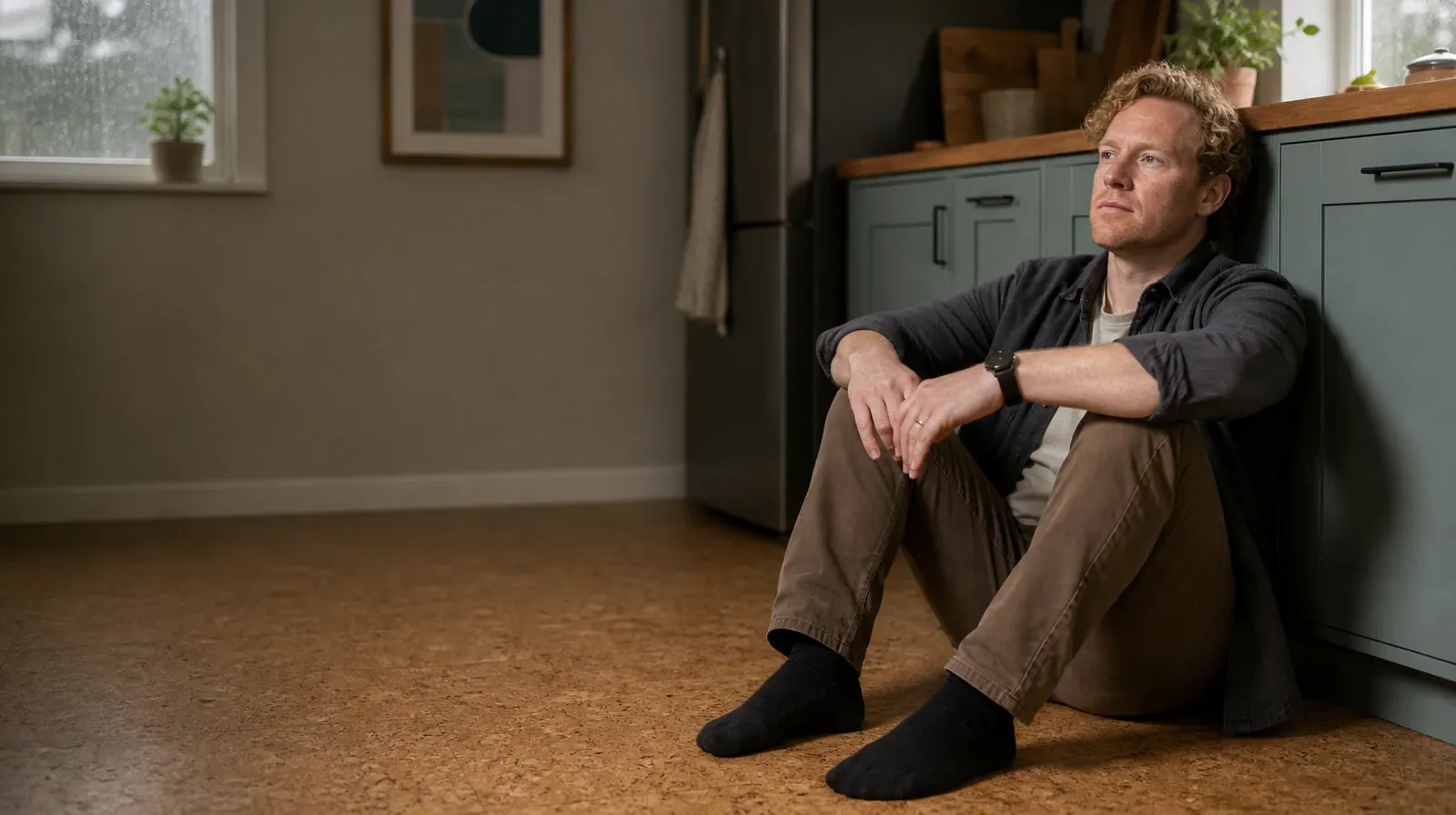 An adult sits against a kitchen cabinet with hands on bent knees,… · Reviewing Progress With Dialectical Behavior Therapy
