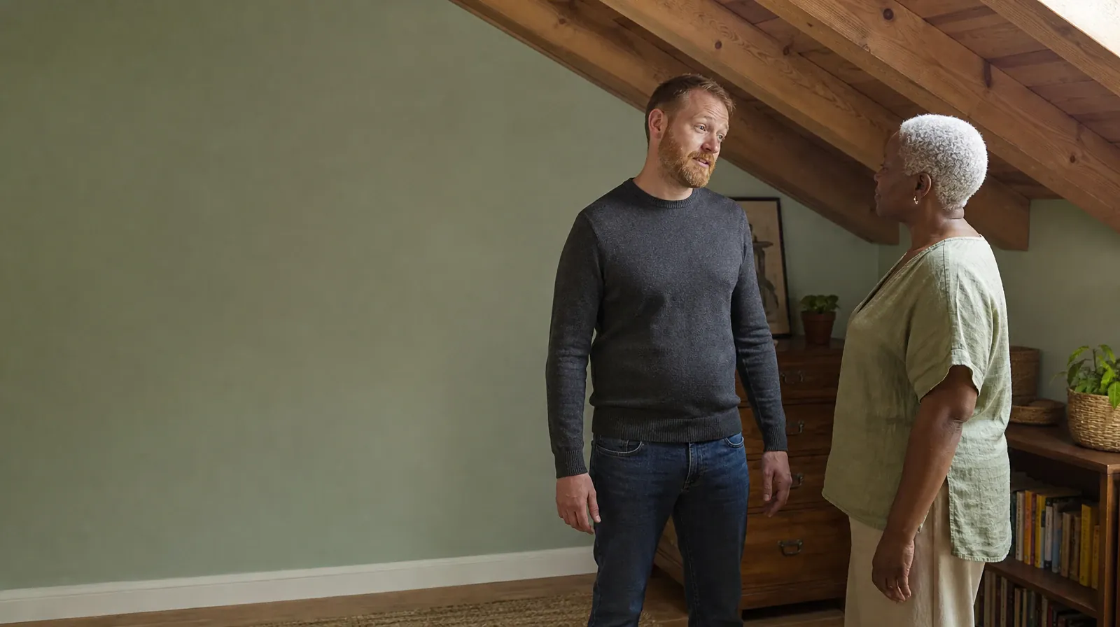Two adults talk beneath a sloping home ceiling as one gives a… · When an Approach Does Not Fit: Dialectical behavior therapy