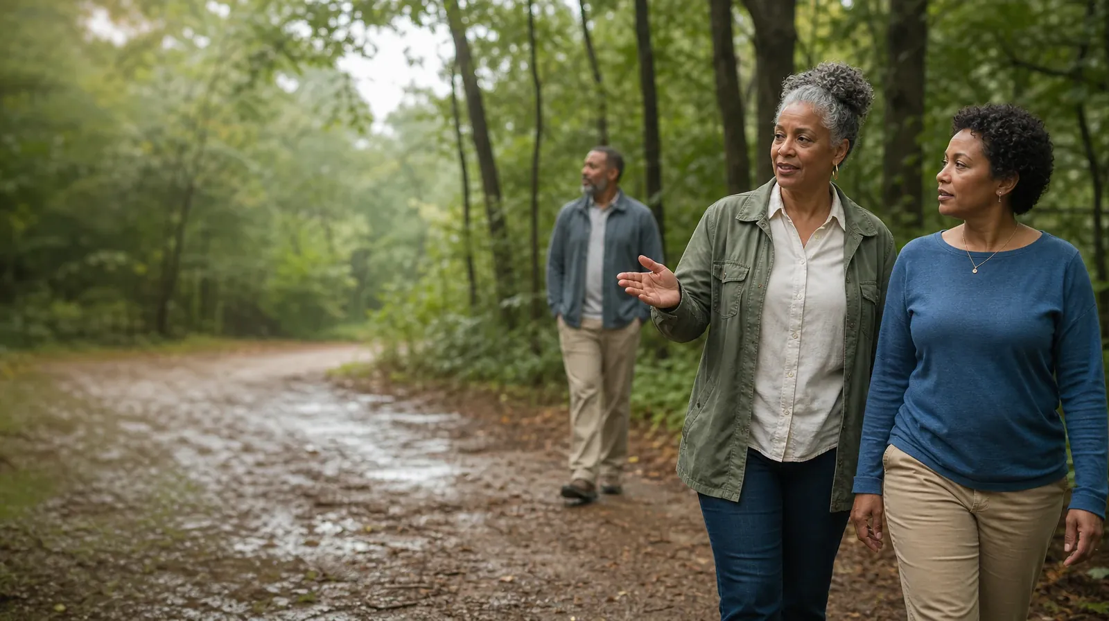 Preparing for a First Conversation About Distress tolerance | Three adults walk and talk on a wooded path Three adults walk and talk on a wooded path · Preparing for a First Conversation About Distress tolerance
