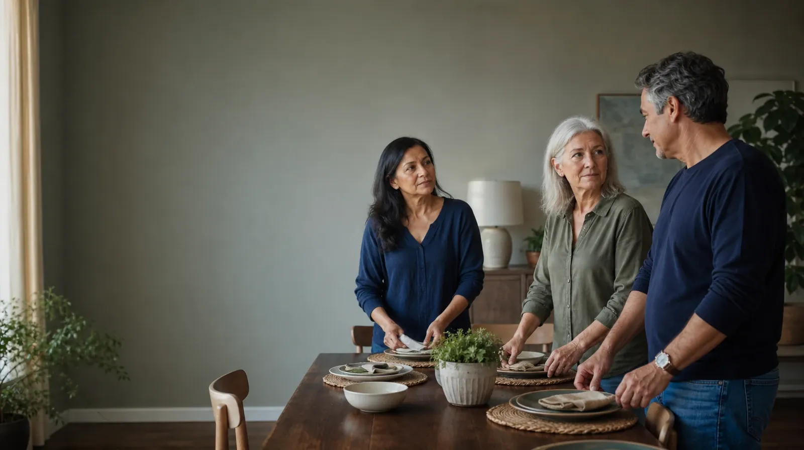 Three adults pause while setting a plain table · Medication Questions and Distress Tolerance