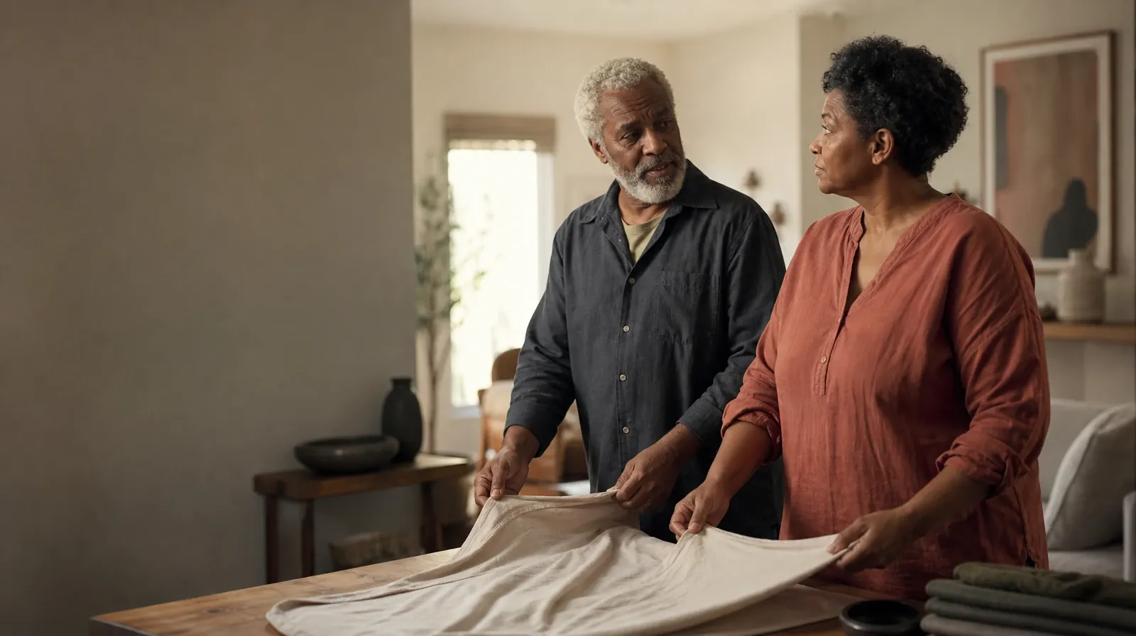 Practicing Between Sessions With Distress tolerance | Two adults fold a plain cloth together Two adults fold a plain cloth together · Practicing Between Sessions With Distress tolerance