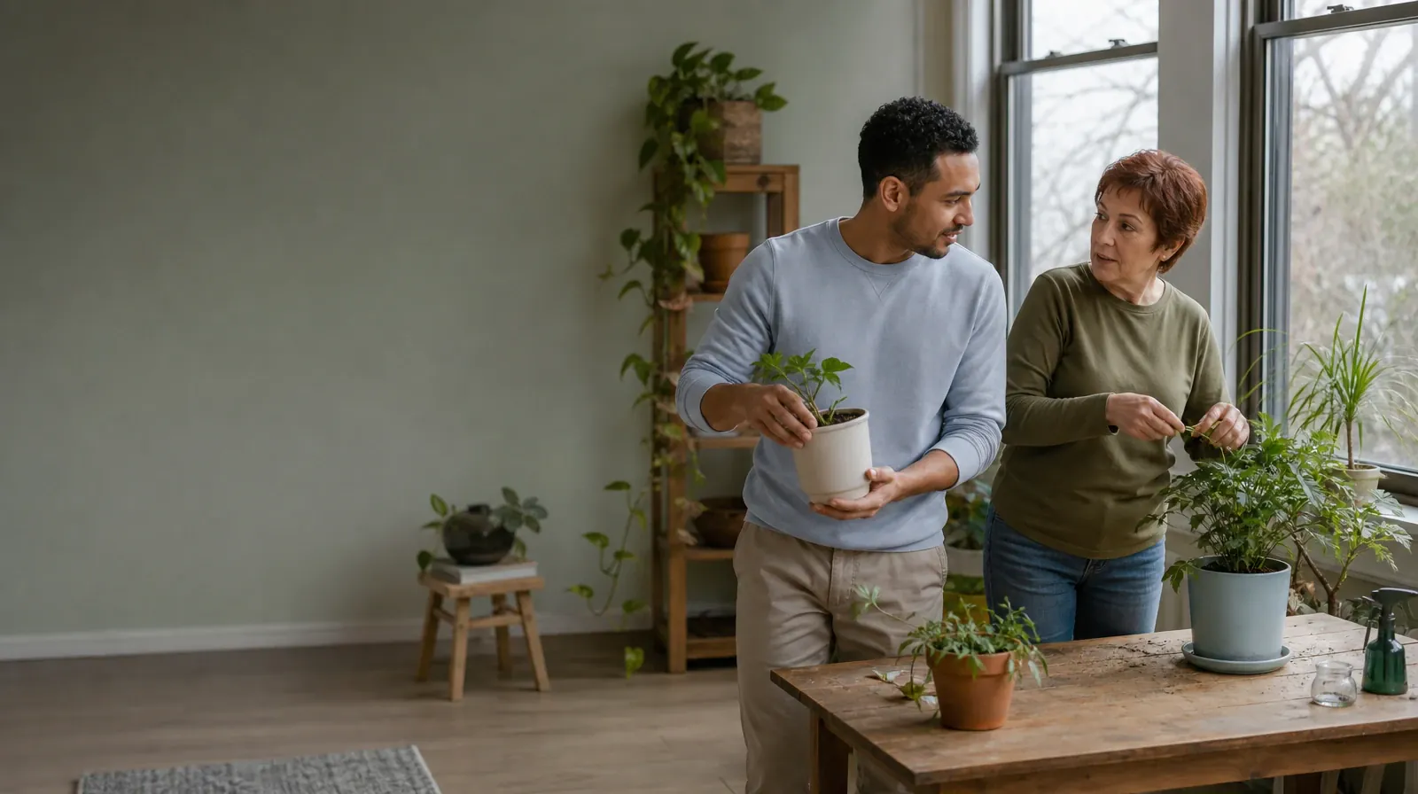 Two adults tend houseplants and talk · Previous Experience With Distress tolerance in South Florida