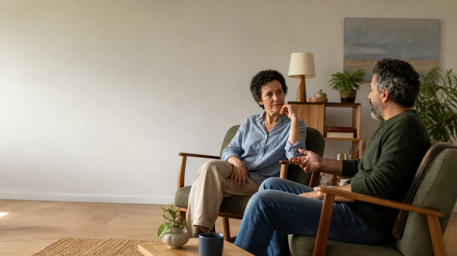Two adults talk from separate armchairs · Understanding Goals in Distress tolerance in South Florida