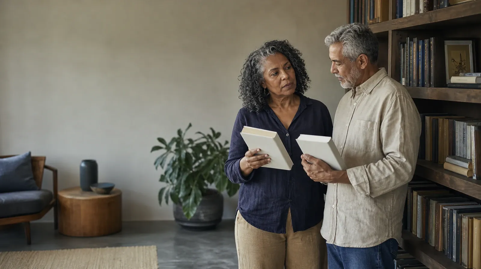 What to Expect From Distress Tolerance in South Florida | Two adults compare plain books beside a bookshelf Two adults compare plain books beside a bookshelf · What to Expect From Distress Tolerance in South Florida